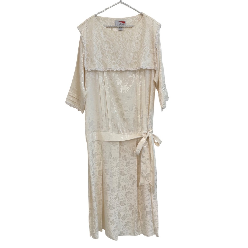 VTG 80s Does 20s Nilani Ivory Lace Collar Satin Jacquard Flapper Cottagecore M